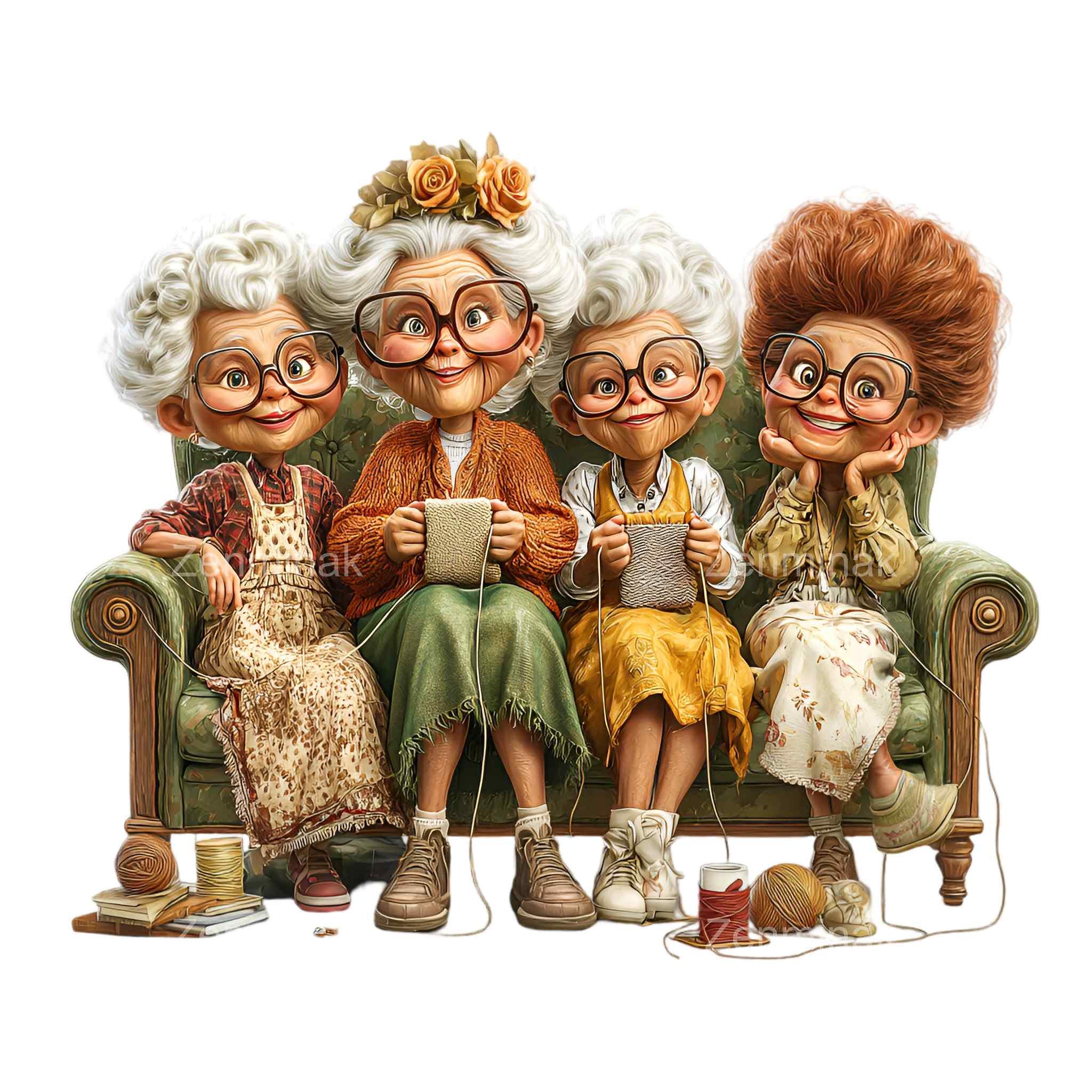12 PNG Knitting Grandma Group Clipart – Funny Senior Ladies PNG ...