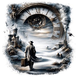 Puede incluir: Ilustración digital artística de un hombre con abrigo y sombrero alejándose con una maleta. Una gran esfera de reloj en espiral en el fondo, con un paisaje surrealista y edificios.