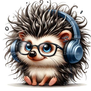 Carino riccio con cuffie PNG, 12 Clipart di animali amanti della musica, adorabile illustrazione dei cartoni animati per sublimazione
