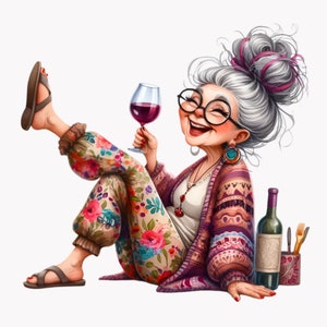 Funny Grandma Drinking Wine Clipart Bundle, Granny Party Png, Old Lady ...