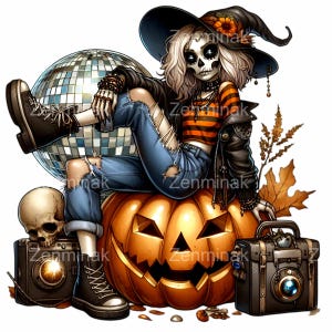 14 Halloween Skeleton Witch Clipart PNG, Ragazza gotica su zucca con palla da discoteca, Illustrazione estetica spettrale, Arte di Halloween audace