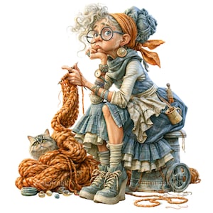 Puede incluir: Ilustración de una persona mayor tejiendo con lana gruesa de color naranja. La persona lleva gafas, un pañuelo en la cabeza y un vestido azul. Un gato gris está sentado junto a la lana. La escena es caprichosa y detallada, centrada en el tejido.