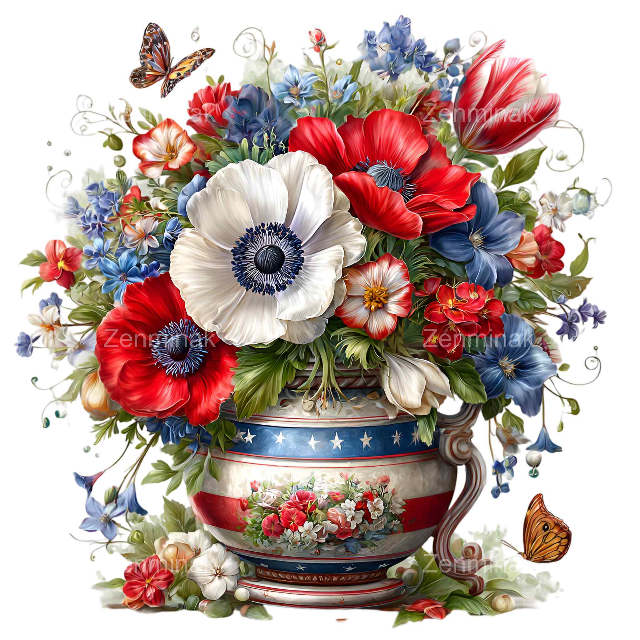 15 PNG Patriotic Floral American Flag Vase Clipart, 4th of July Flower ...