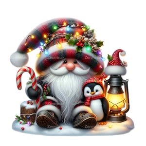 14 Gnomo di Natale e Pinguino PNG / Cappello di Babbo Natale, Lanterna, Bastoncino di zucchero / Clipart carino per le vacanze