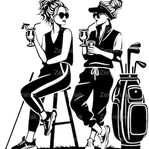 5 archivos SVG de corte de golfistas de moda - Imágenes prediseñadas de mujeres deportistas con bebidas y palos - Diseño divertido de silueta de golfista femenina