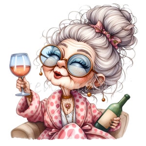 12 PNG Funny Wine Grandma Clipart – Eccentric Lady PNG – Quirky Elderly Woman in Robe for Cards, Mugs, Tumblers, Sublimation Projects
