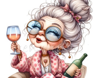 12 PNG Funny Wine Grandma Clipart – Eccentric Lady PNG – Quirky Elderly Woman in Robe for Cards, Mugs, Tumblers, Sublimation Projects