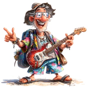 Puede incluir: Ilustración de dibujos animados de un hombre mayor sonriente con gafas, sombrero y camisa floral colorida, sosteniendo una guitarra eléctrica roja. Lleva pantalones cortos florales azules y sandalias, haciendo el signo de la paz.