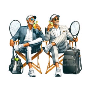 18 Tennis Men PNG Clipart – Amici anziani fantastici con racchette e cocktail – Arte dei cartoni animati per le vacanze sportive