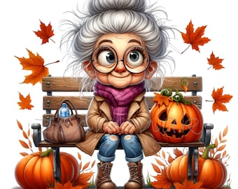 14 PNG Autumn Grandma On Park Bench Pumpkin Clipart Halloween