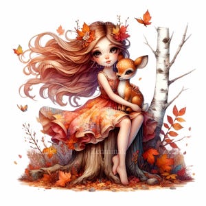 12 Clipart PNG fille automne avec bébé cerf et feuilles d'automne, illustration de la forêt, conception artistique saisonnière des bois