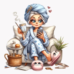 10 PNG Trendy Granny PNG Clipart – Funny Old Lady With Coffee and Phone ...