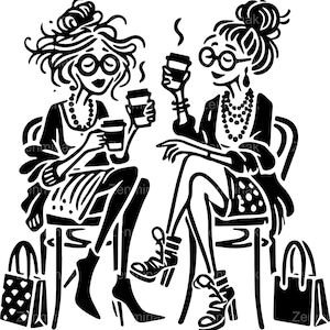 6 archivos SVG de corte de divertidas mujeres de café, dibujos animados de mujeres con vasos y tazas para llevar, pose sentada elegante, clipart para artesanos