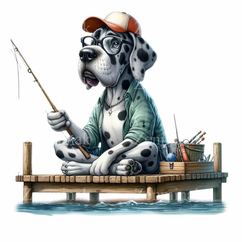 Great Dane Fishing PNG, 10 Cute Dog With Hat and Fishing Rod Sitting on