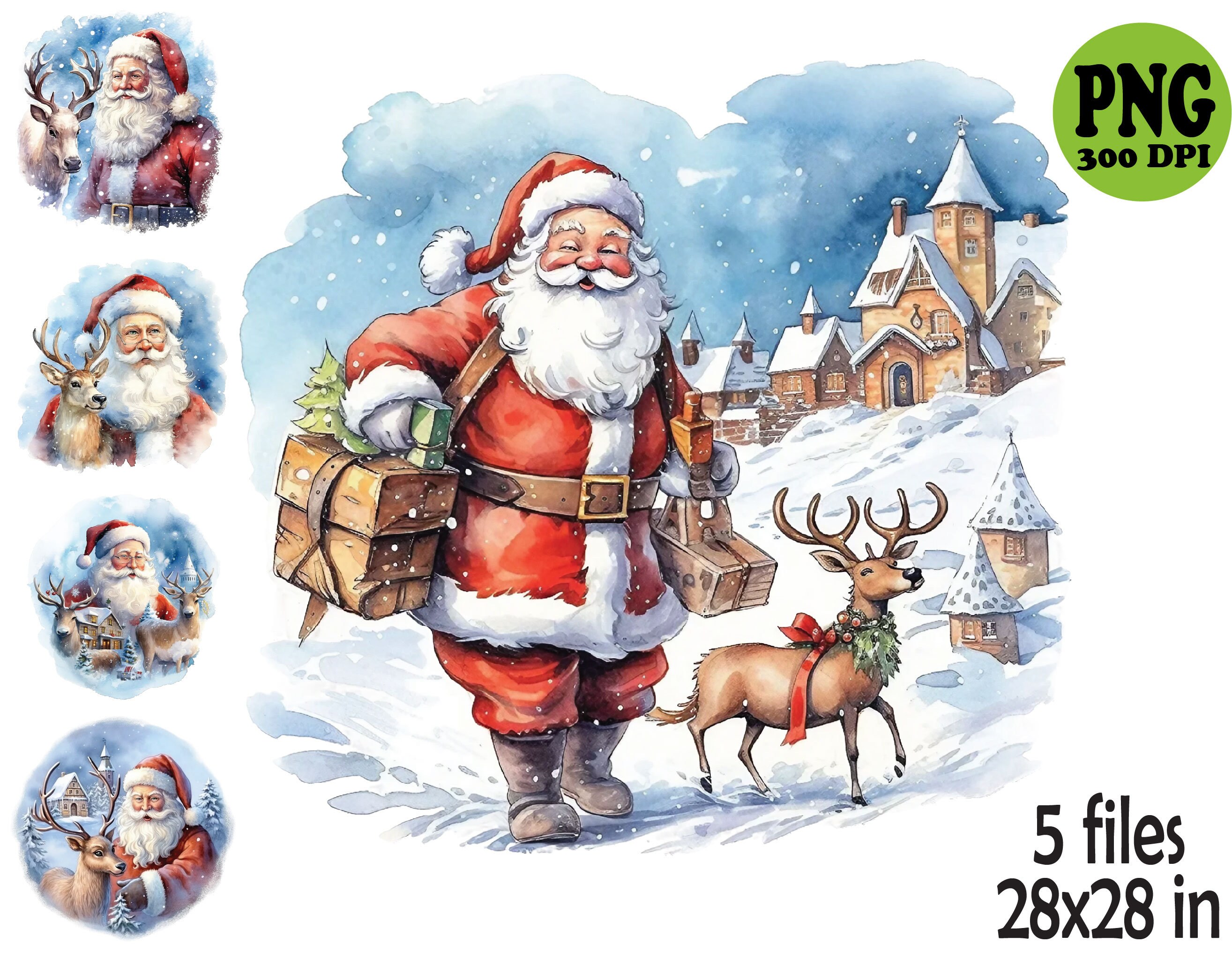 5 PNG Santa and Reindeer – Watercolor Christmas PNG Set – Festive ...