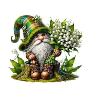 15 graziosi clipart PNG di gnomi con cappello a quadri verde e mughetto / Arte di gnomi primaverili / Design stampabile di gnomi della foresta