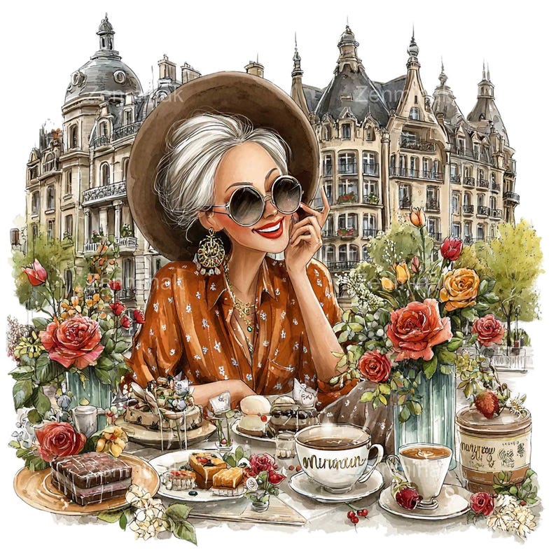 14 PNG Funny Senior Lady Clipart, Paris Cafe Coffee Illustration - Etsy