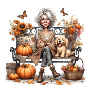 10 Clipart PNG di donna autunnale con cane zucche e fiori / Donna autunnale seduta su una panchina / Design artistico stagionale stampabile