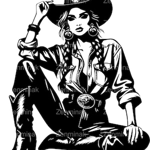 5 SVG Cowgirl sitzend SVG-Schnittdatei - Western-Frau mit Hut, Zöpfen und Stiefeln, die Krempe berühren - Ranch Rodeo Country Clipart