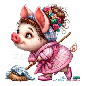 12 adorables cerditos limpiadores PNG Clipart: adorable cerdito en bata barriendo con trapeador y flores - Ilustración divertida de animales domésticos
