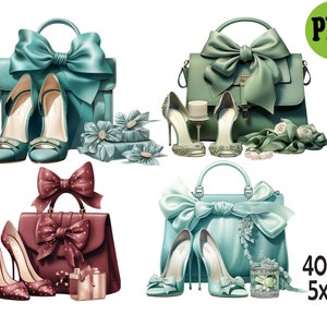 May include: Four sets of matching handbags and shoes. Each set features a different color: teal, green, burgundy, and light blue. Each handbag has a large bow and each pair of shoes has a pointed toe.
