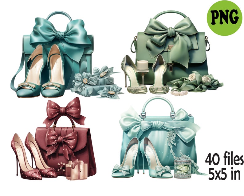 May include: Four sets of matching handbags and shoes. Each set features a different color: teal, green, burgundy, and light blue. Each handbag has a large bow and each pair of shoes has a pointed toe.