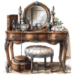 May include: An antique-style vanity table with a round mirror, drawers, and a matching stool. The vanity is made of dark wood and adorned with decorative details. Accessories include perfume bottles, a jewelry box, and a string of pearls.