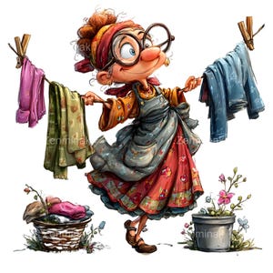 Puede incluir: Una ilustración de dibujos animados de una mujer colgando ropa en un tendedero. Lleva un vestido rojo y naranja, un delantal azul y gafas grandes. Ropa de varios colores cuelga de la cuerda, con una cesta de ropa doblada y una planta en maceta cerca.