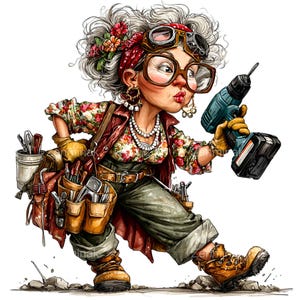 15 PNG Roliga mormor clipart – Byggdame PNG – Nyckfull hantverkarkaraktärskonst för hantverk, utskrivbara kort, dekor eller scrapbooking