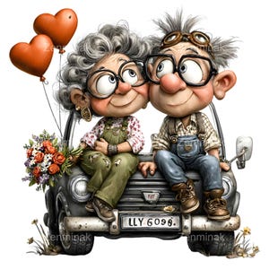 May include: A charming cartoon of an elderly couple perched on a classic car. The woman has a bouquet, the man wears goggles, and two orange heart balloons float above. The car's number plate reads "LLY 6090". A sweet, romantic image.