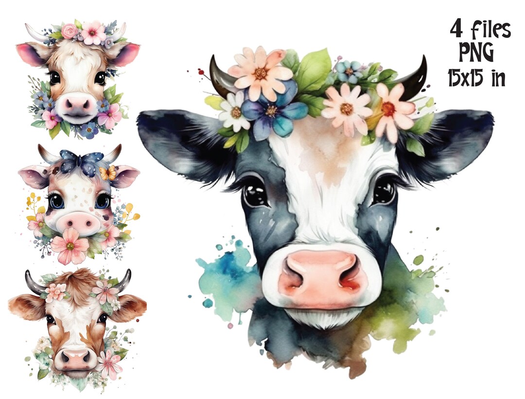 Baby Cow Clipart PNG Watercolor Calf Flower Crown Nursery Animals ...