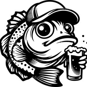 May include: Black and white illustration of a fish wearing a baseball cap and holding a beer. The fish has large eyes and a grumpy expression. The beer glass is filled with foam, and there are bubbles floating around it.