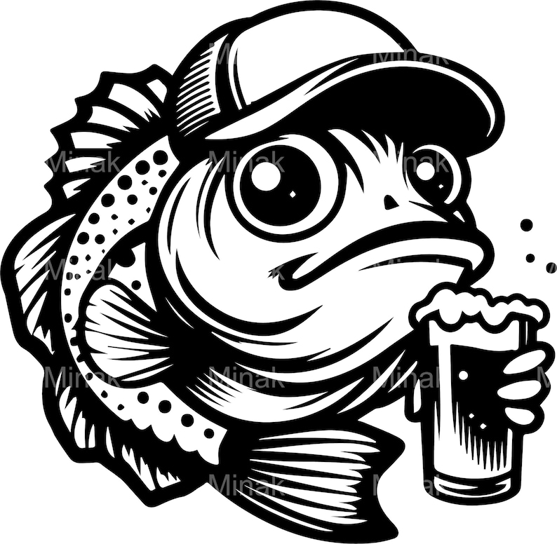 May include: Black and white illustration of a fish wearing a baseball cap and holding a beer. The fish has large eyes and a grumpy expression. The beer glass is filled with foam, and there are bubbles floating around it.