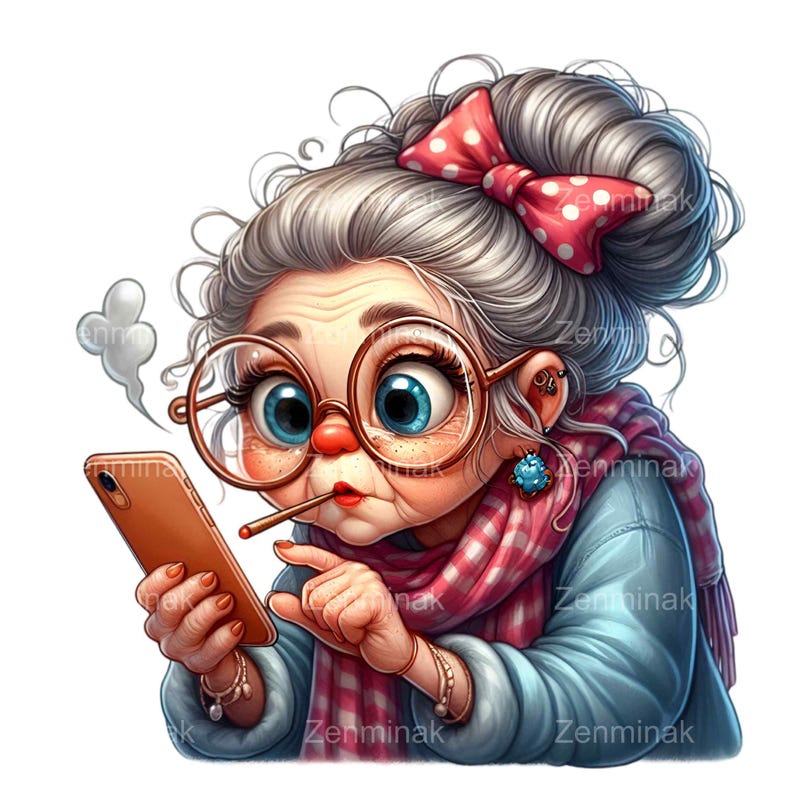 May include: A cartoon illustration of a grandmother with grey hair, wearing glasses, a red and white scarf, and a blue jacket, looking at a smartphone while holding a cigarette in her mouth.