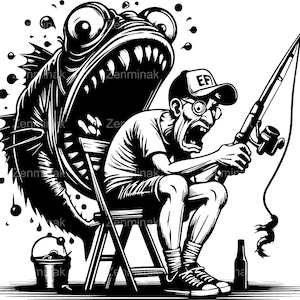 5 SVG Divertido Pescador Monstruo Pez SVG, Hombre de dibujos animados pescando con cara de miedo y pez gigante detrás Archivo de corte para Cricut Silhouette