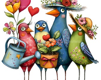14 PNG Garden Birds Family Clipart, Watering Can Flower Pot
