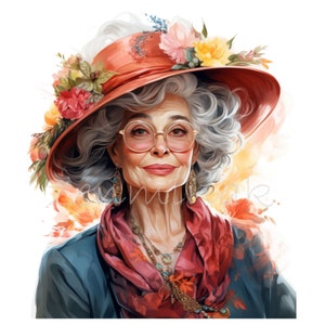 20 Elegant Elderly Lady PNG Clipart with Floral Hat, Glasses, Jewelry and Scarf, Whimsical Vintage Woman Illustration
