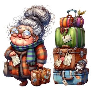 Drôle grand-mère, valises de voyage, 12 PNG, vacances, aînée, dame, dessin animé, illustration clipart