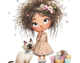 15 PNG Girl with Cat Clipart, Messy Hair Knitter Yarn Basket