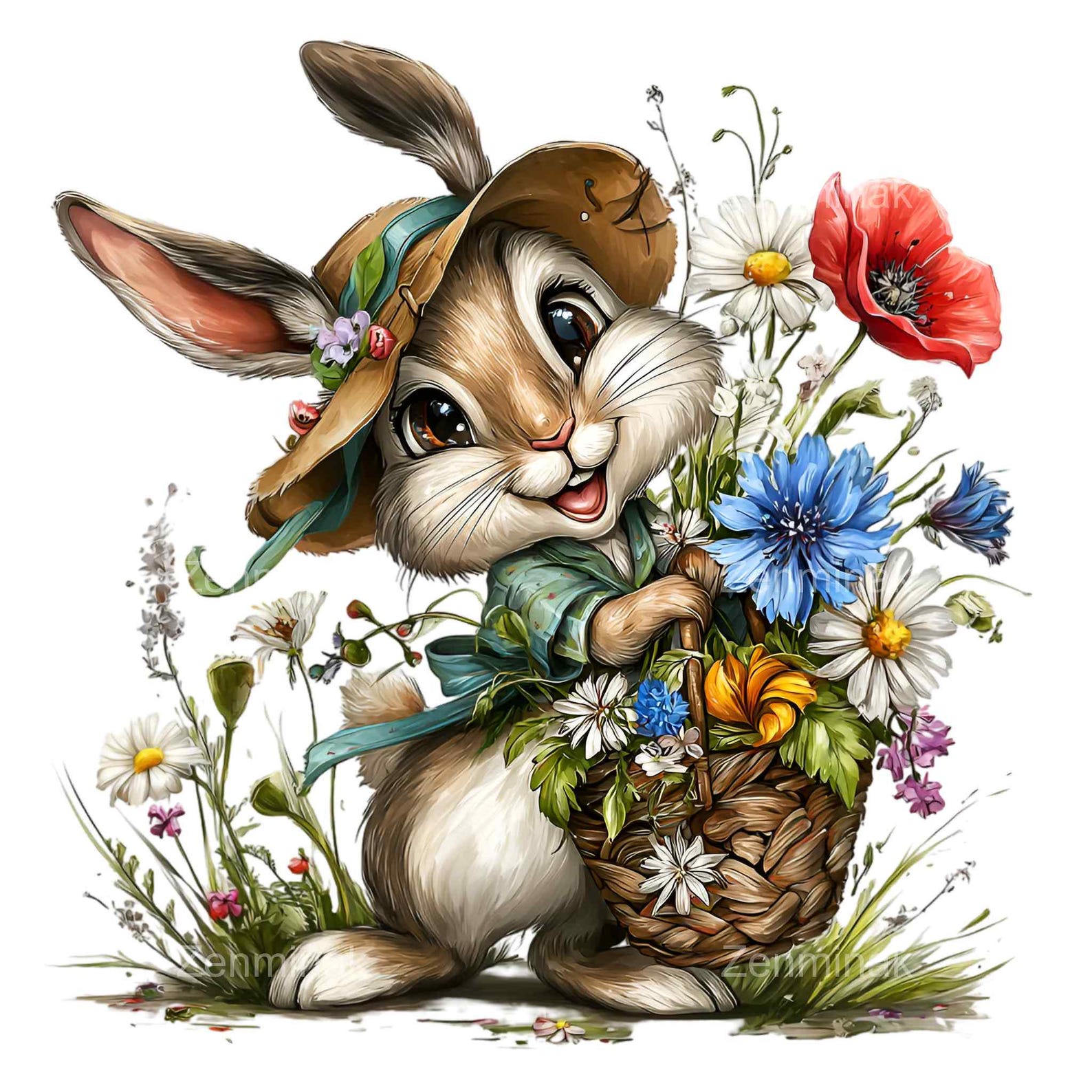 15 PNG Cute Bunny in Flower Basket Clipart – Spring Rabbit With Straw ...