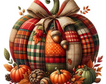 Puede incluir: Una calabaza decorativa con un diseño de patchwork en patrones de cuadros rojos, verdes y naranjas. La calabaza está adornada con un lazo de arpillera, bellotas y rodeada de calabazas en miniatura, piñas y follaje otoñal.