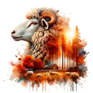 15 Schaf Bauernhof PNG Clipart, Herbst Bauernhof Landschaft Aquarell, Widder mit Wolle und Waldkunst, rustikale Herbst Bauernhausszene, Tier PNG