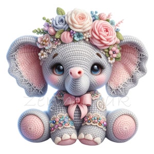 10 PNG Gehäkelte Elefant Clipart - PNG niedlicher Baby Elefant mit Blumen, Perlen und Schleife - weiche Kinderzimmer Kunst für Baby Mädchen Dekor