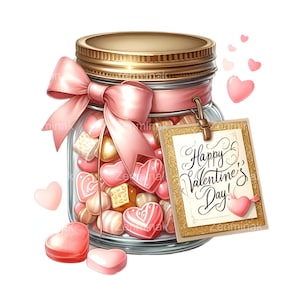 15 Valentijn snoeppot PNG, hart snoep clipart, romantische glazen pot illustratie, roze strik Valentijn kunst, digitale download