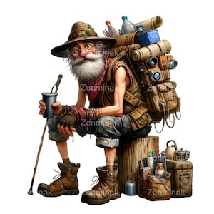 Cartoon PNG - 10 randonneurs âgés avec équipement Clipart pour le camping et l'aventure en téléchargement numérique