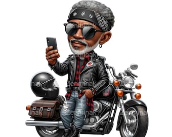 22 PNG Biker Grandpa Clipart, Illustrazione di un motociclista anziano con personaggio motociclistico, sfondo trasparente stampabile