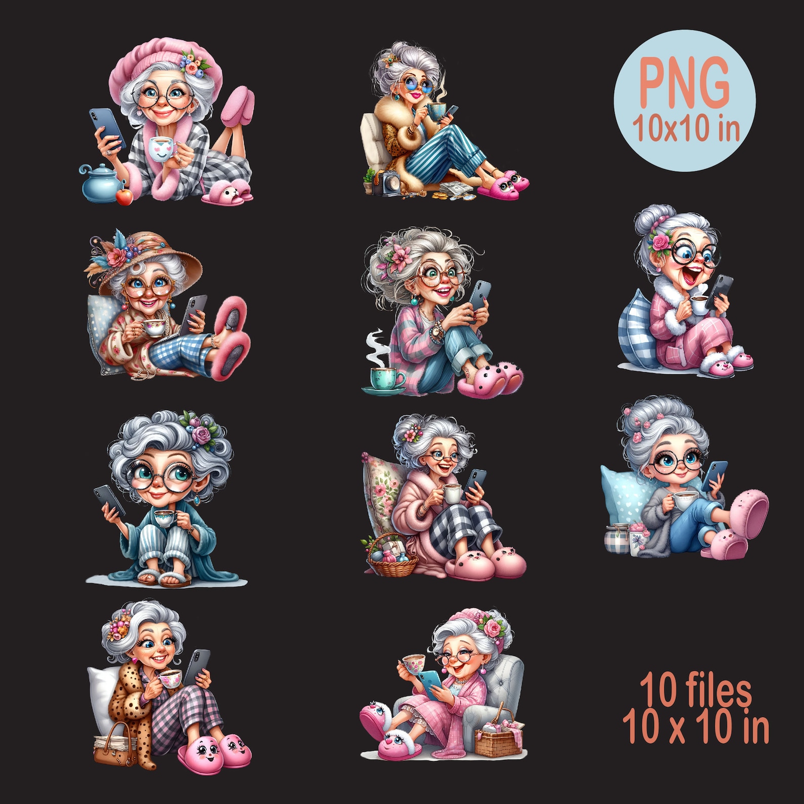 10 PNG Funny Granny PNG Clipart – Old Lady With Coffee and Phone ...
