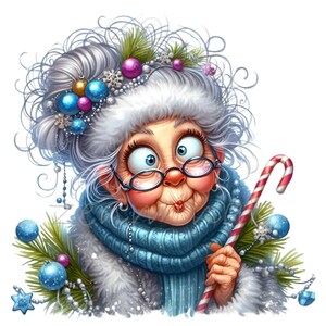 Śmieszna babcia owinięta w świąteczną lamówkę 12 PNG ilustracja czapki zimowej starszej pani clipart, ilustracja do druku sublimacyjnego