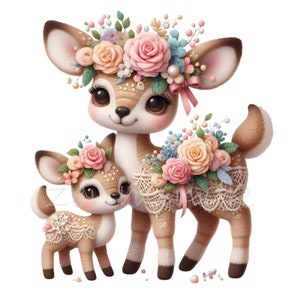 10 png-schattige bloemen herten en reekalf clipart png, pastel bosdieren met bloemen en kant, grillige kinderkamer boskunst voor kinderen