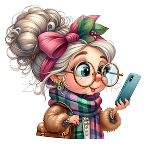 Lustige ältere Dame mit Telefon, süße Oma Haustiere Clipart 10 PNG Illustration Digitale Downloads